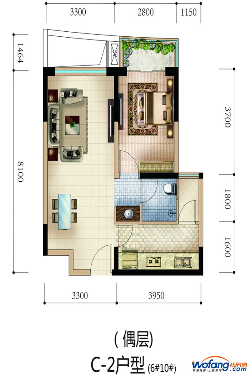 天地凤凰城c-2户型1室2厅1卫1厨 建面53.00