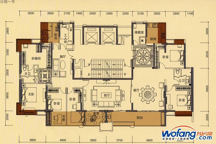 公园一号4号楼a1 a2户型图6室3厅3卫1厨 建面282.00㎡